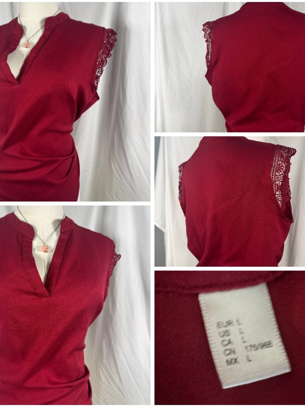 Burgundy Lace Trim Sleeveless Blouse V-Neck Mandarin Collar Top Size L